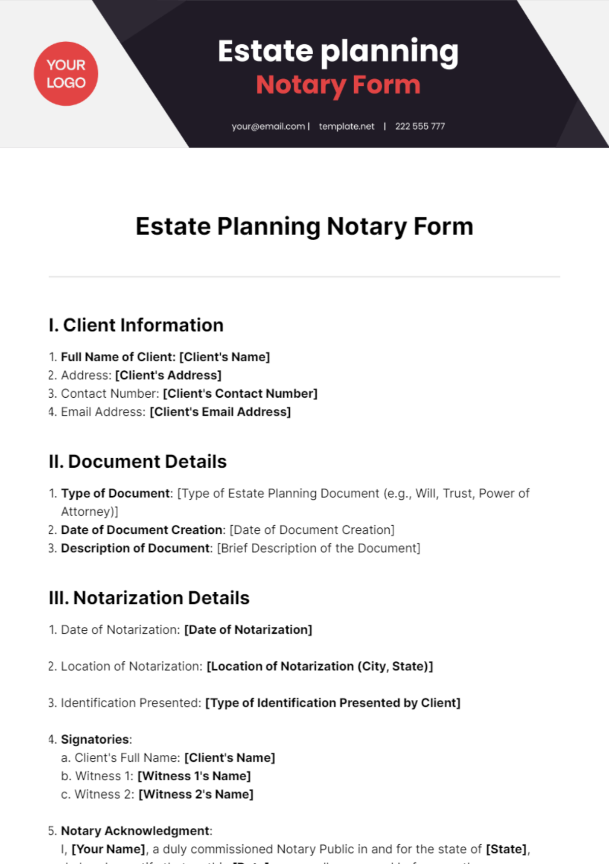Free Estate Planning Notary Form Template