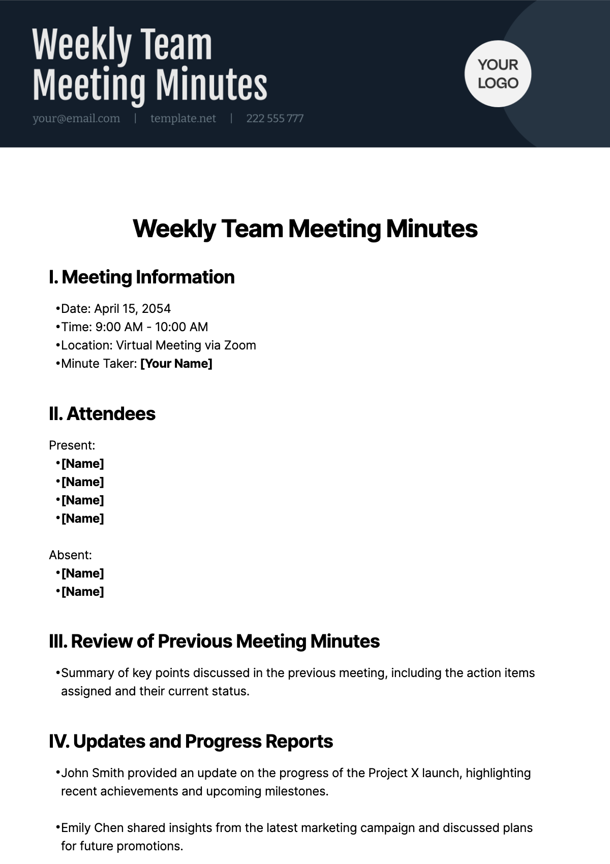 Weekly Team Meeting Minutes Template - Edit Online & Download