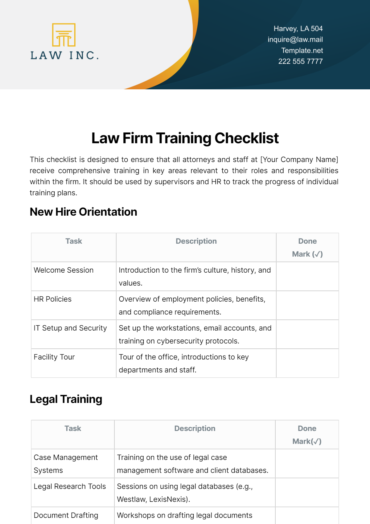 Law Firm Training Checklist Template