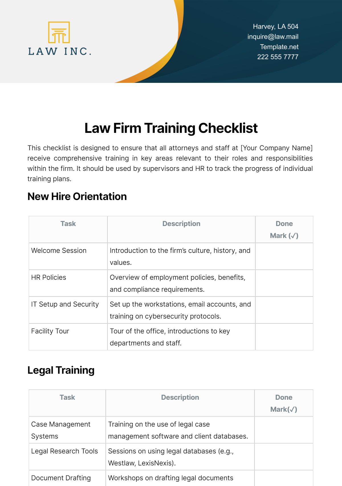 Law Firm Training Checklist Template - Edit Online & Download