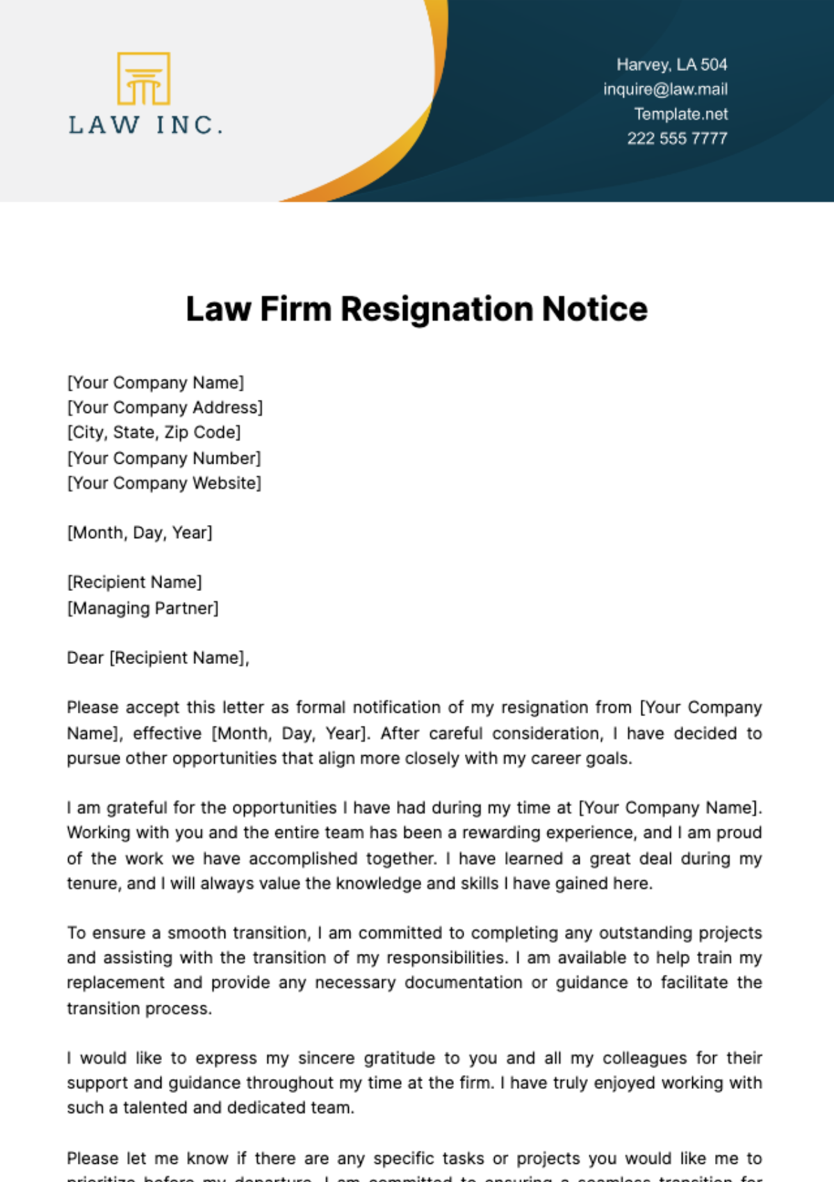 Law Firm Resignation Notice Template