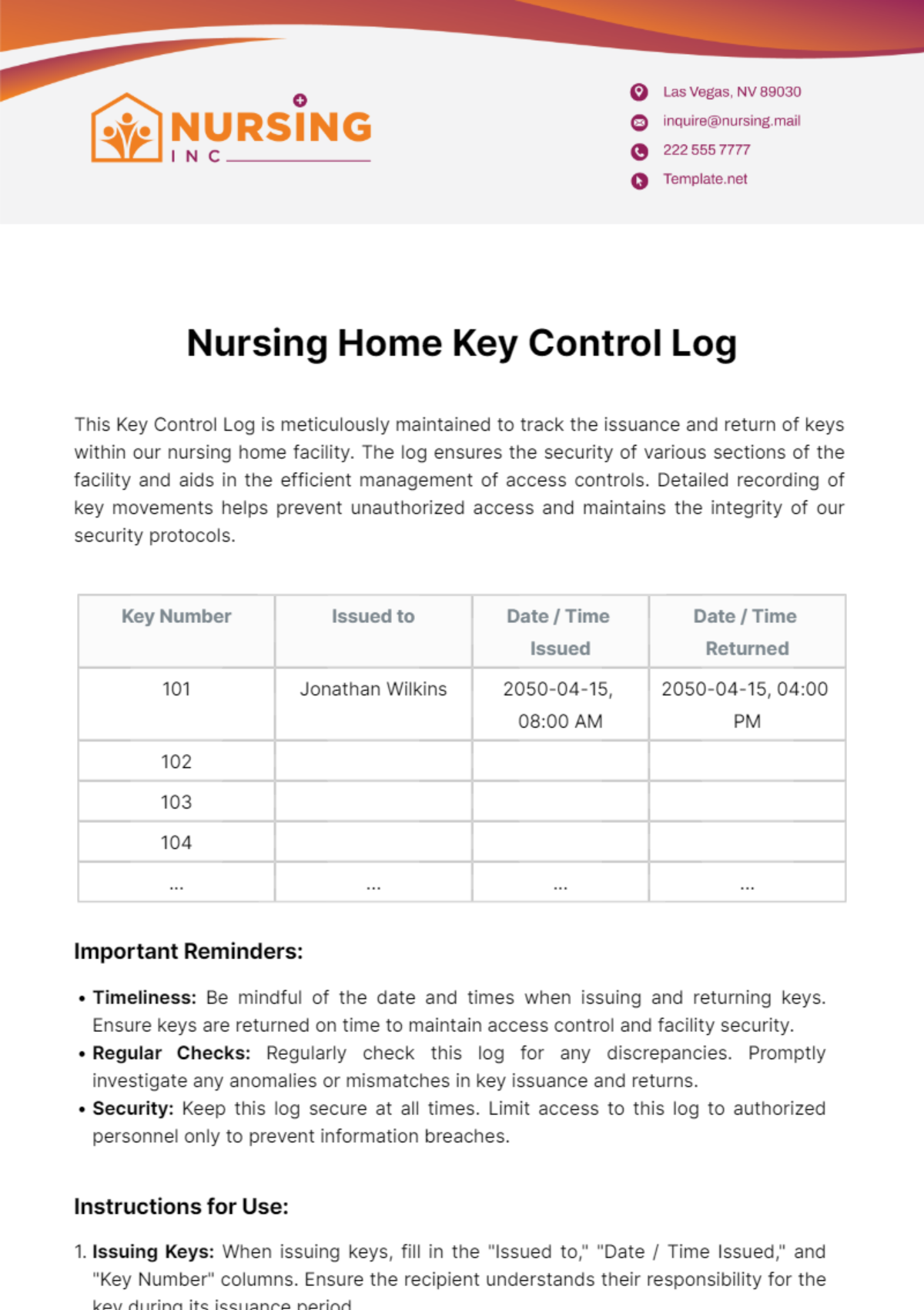 Free Nursing Home Key Control Log Template