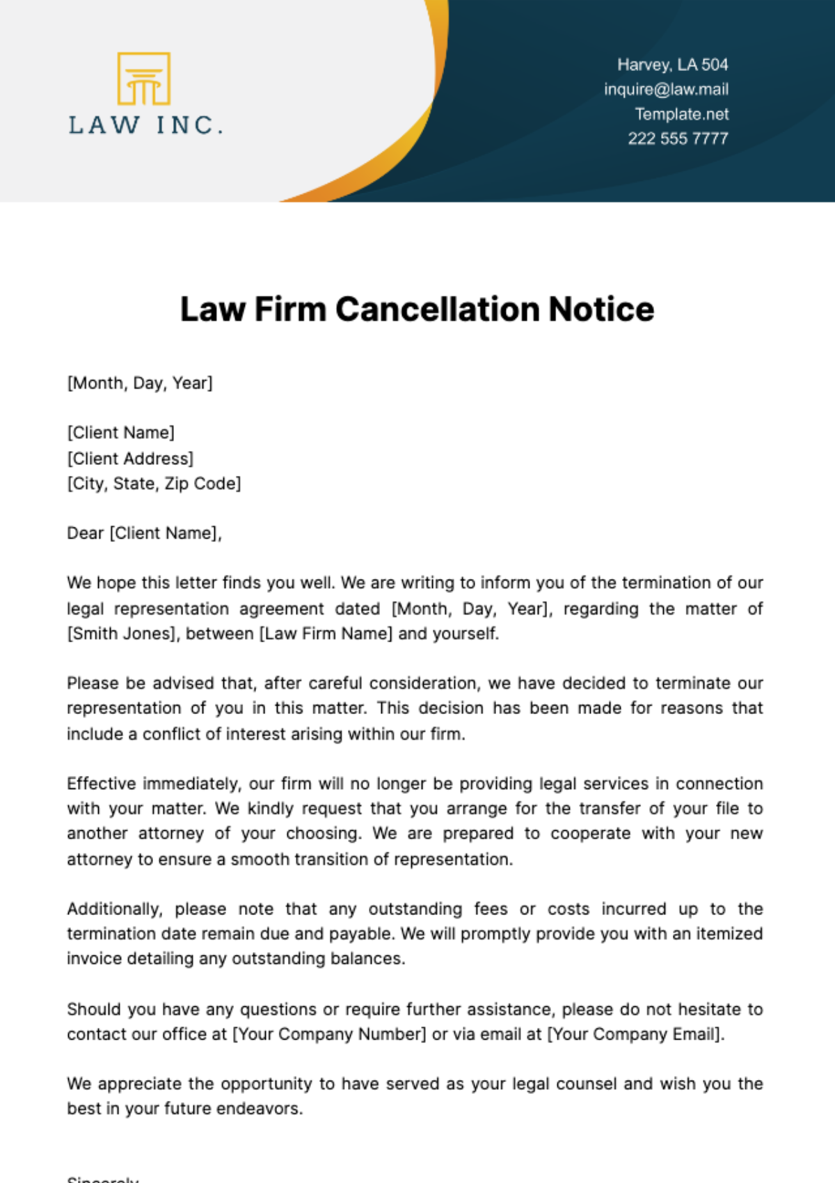 Law Firm Cancellation Notice Template