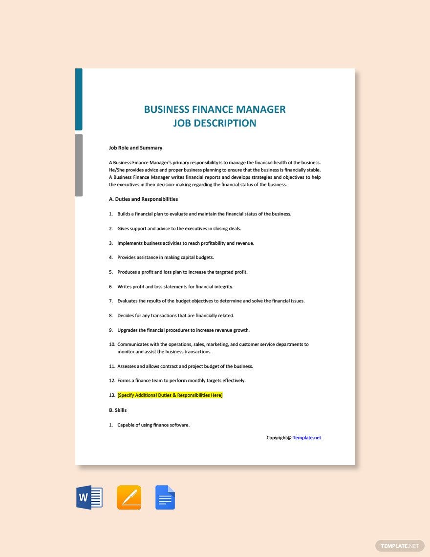 Business Finance Manager Job Description