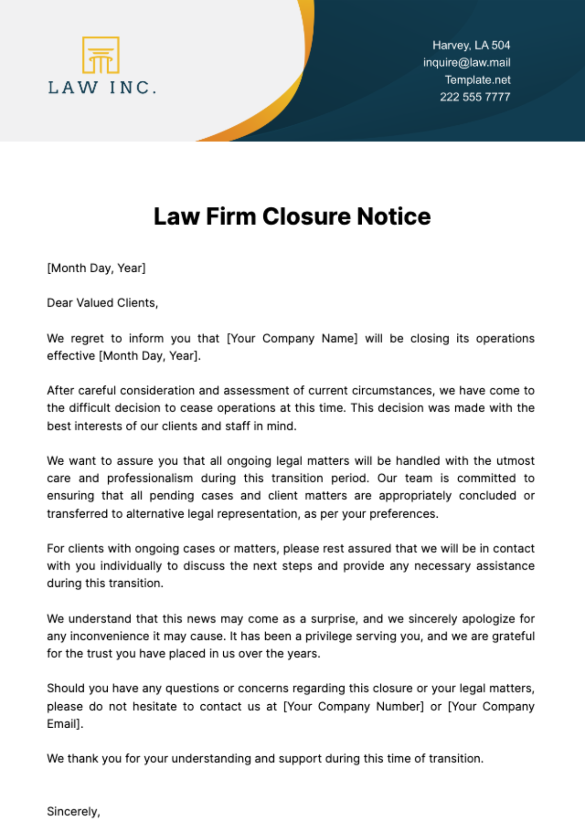 Law Firm Closure Notice Template - Edit Online & Download