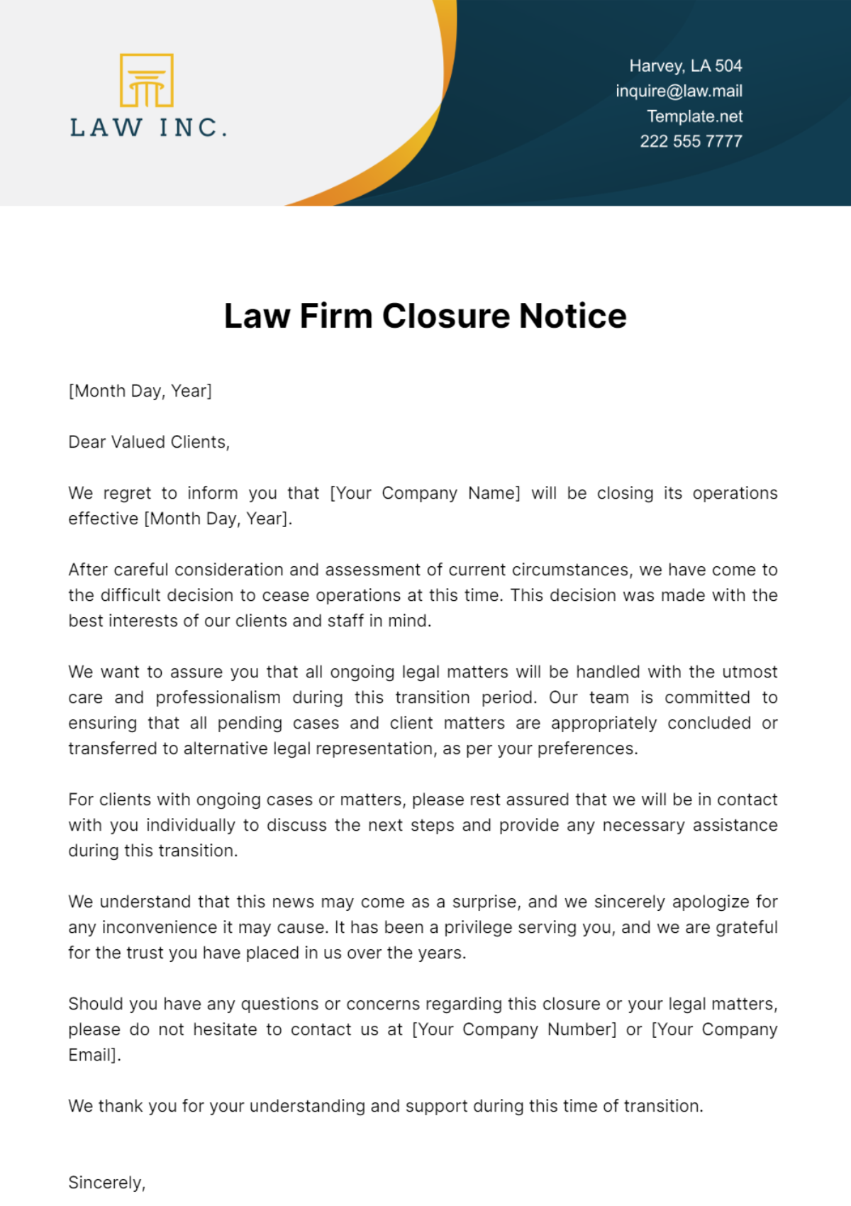 Law Firm Closure Notice Template