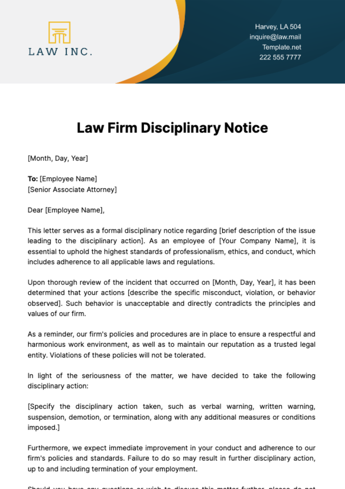 Law Firm Disciplinary Notice Template - Edit Online & Download