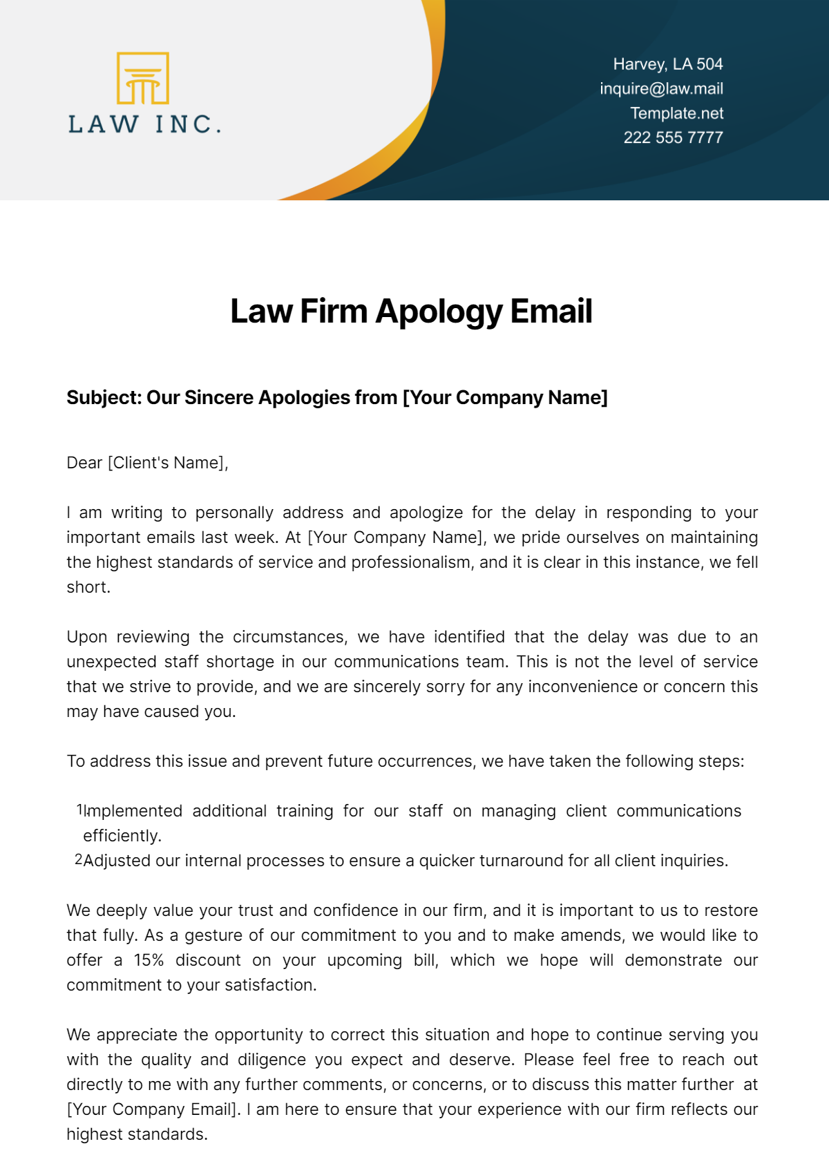 Law Firm Apology Email Template