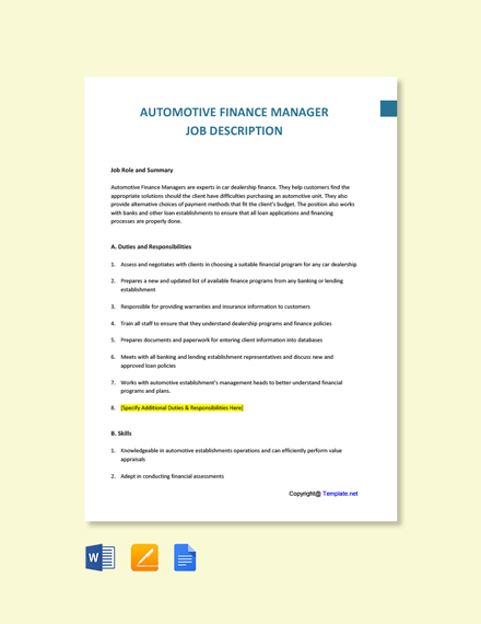 Automotive Finance Manager Job Description : Automotive Engineer Job