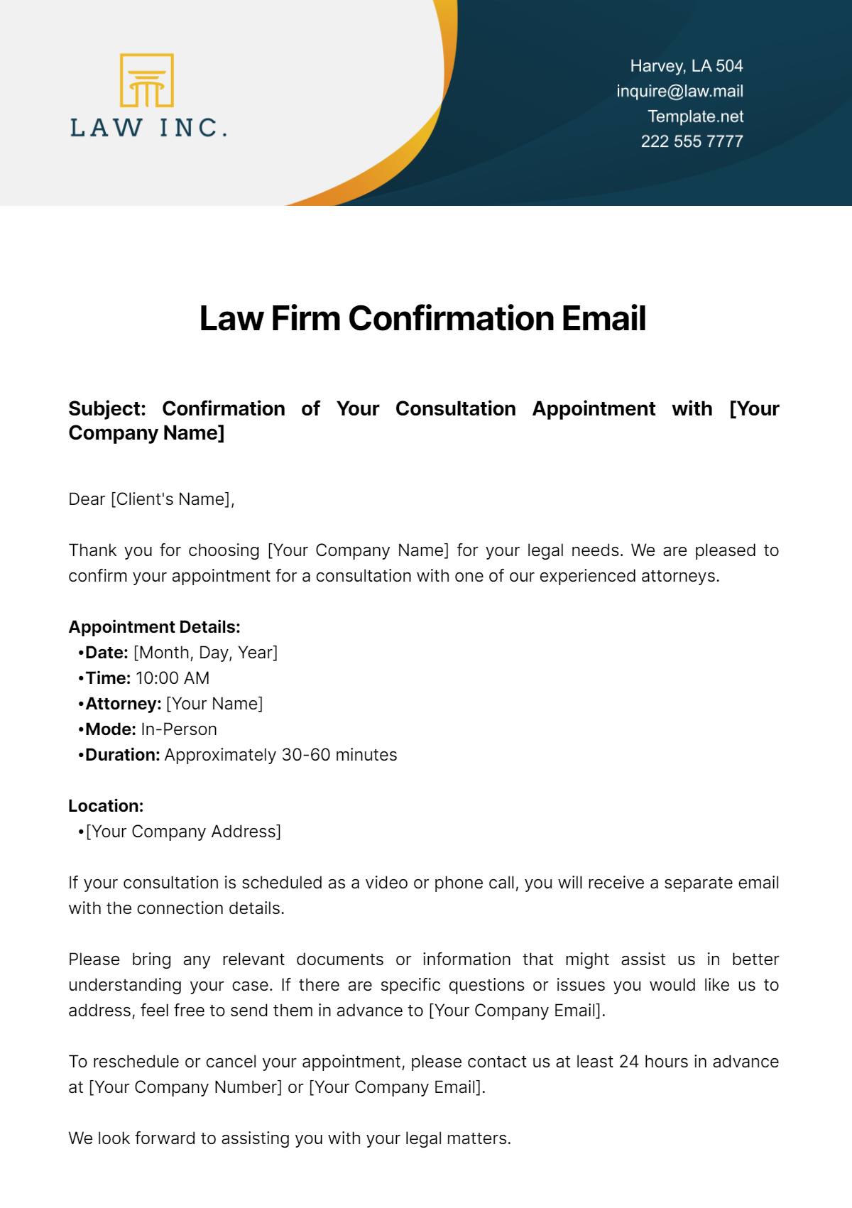 Law Firm Confirmation Email Template
