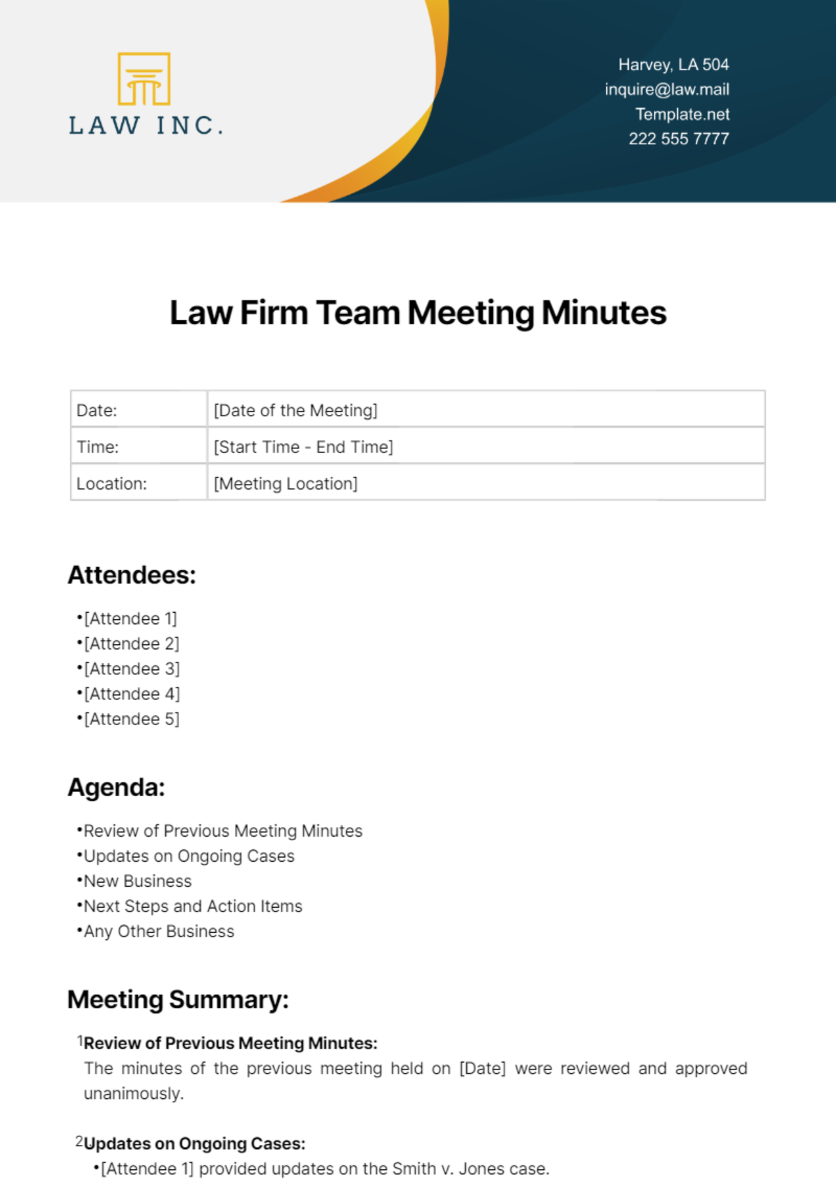 Law Firm Team Meeting Minutes Template Edit Online Download Example