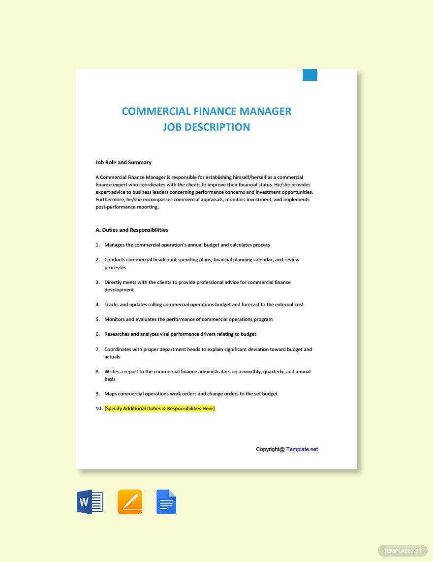 Commercial Finance Manager Job Description in Word, Google Docs, PDF, Apple Pages