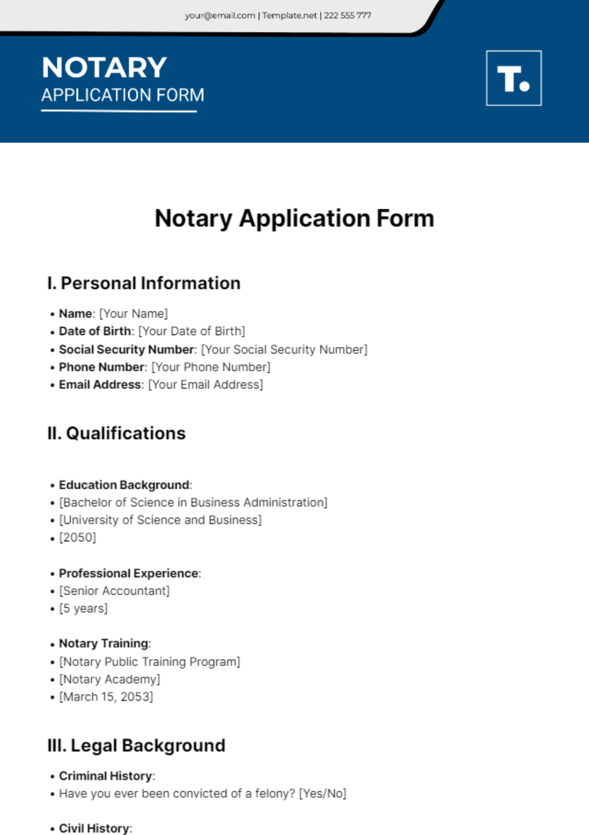 Free Notary Application Form Template