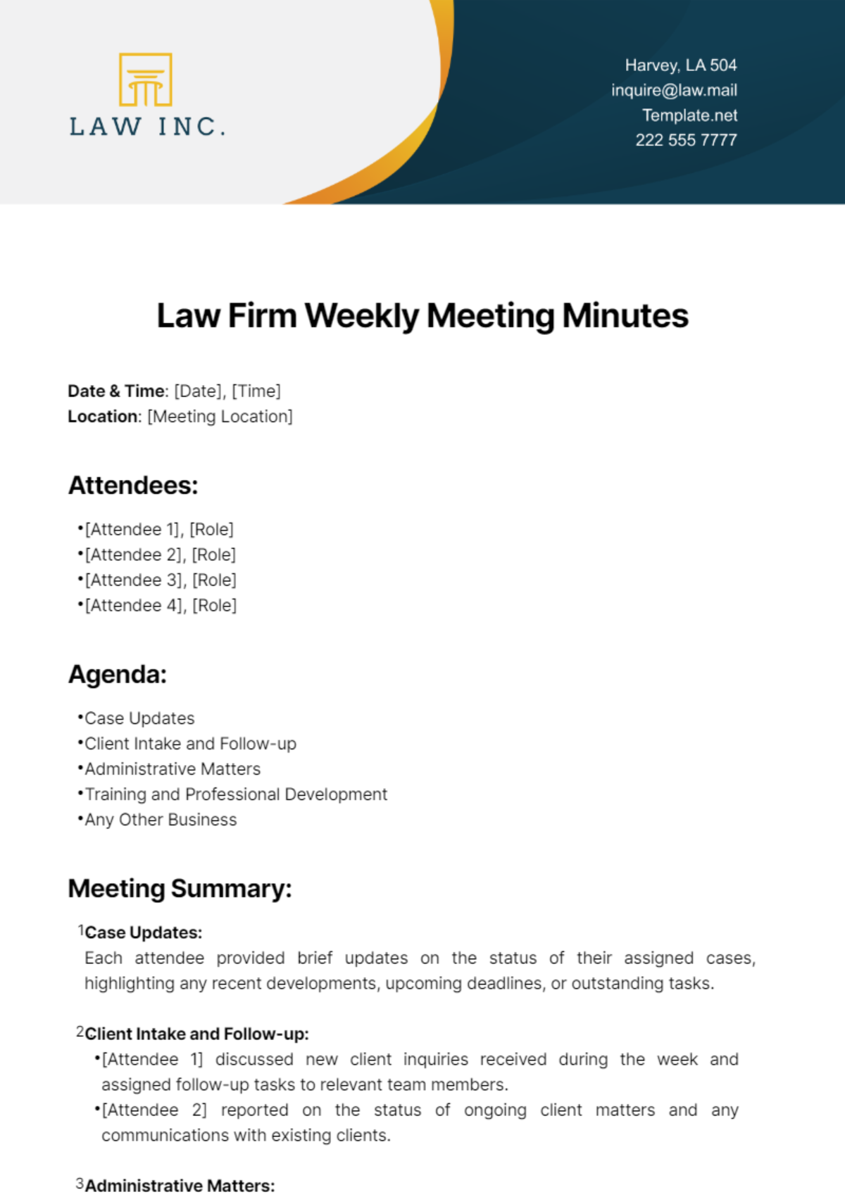 Law Firm Weekly Meeting Minutes Template