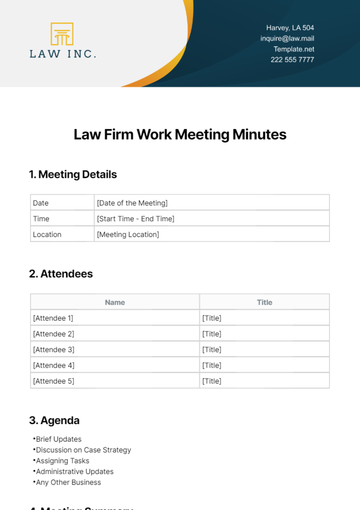 Law Firm Work Meeting Minutes Template