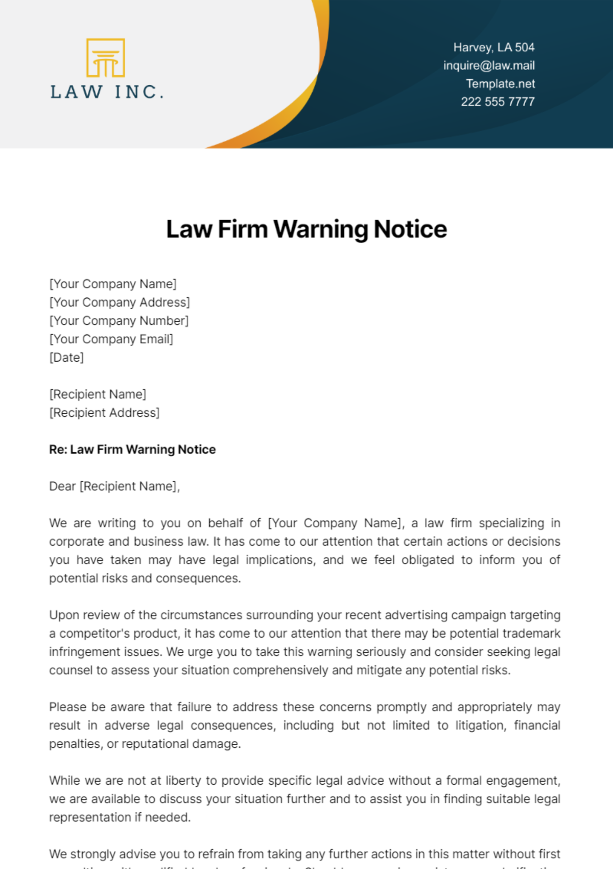 Law Firm Warning Notice Template