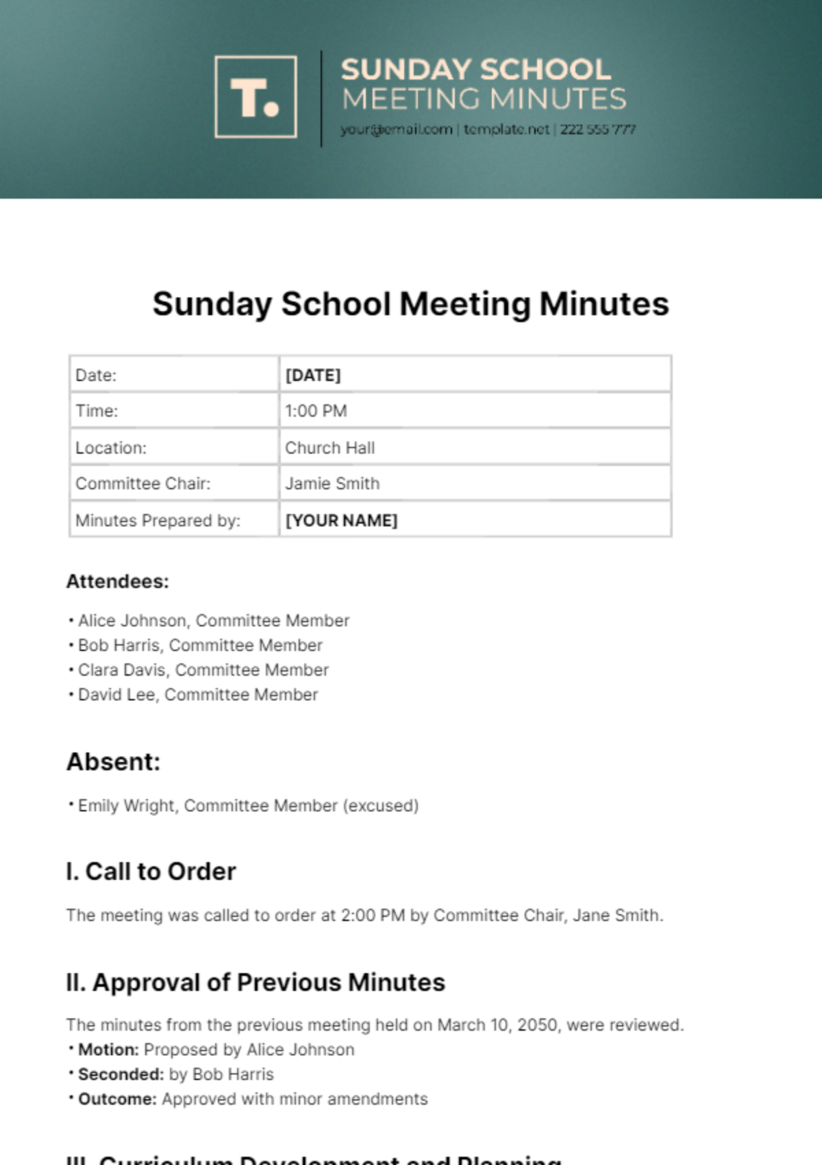 Sunday School Meeting Minutes Template - Edit Online & Download