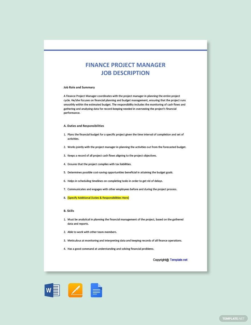Finance Project Manager Job Description in Word, Google Docs, PDF, Apple Pages