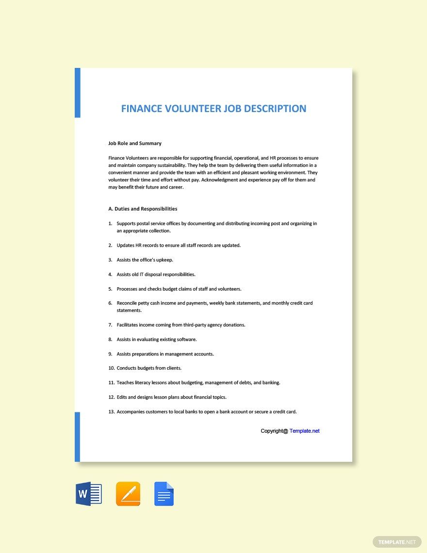 Free Finance Volunteer Job Description Template