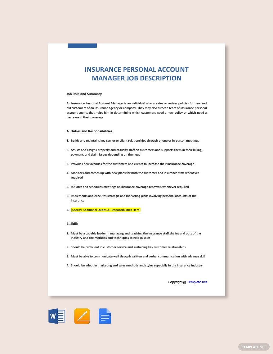 Insurance Personal Account Manager Job Description Template