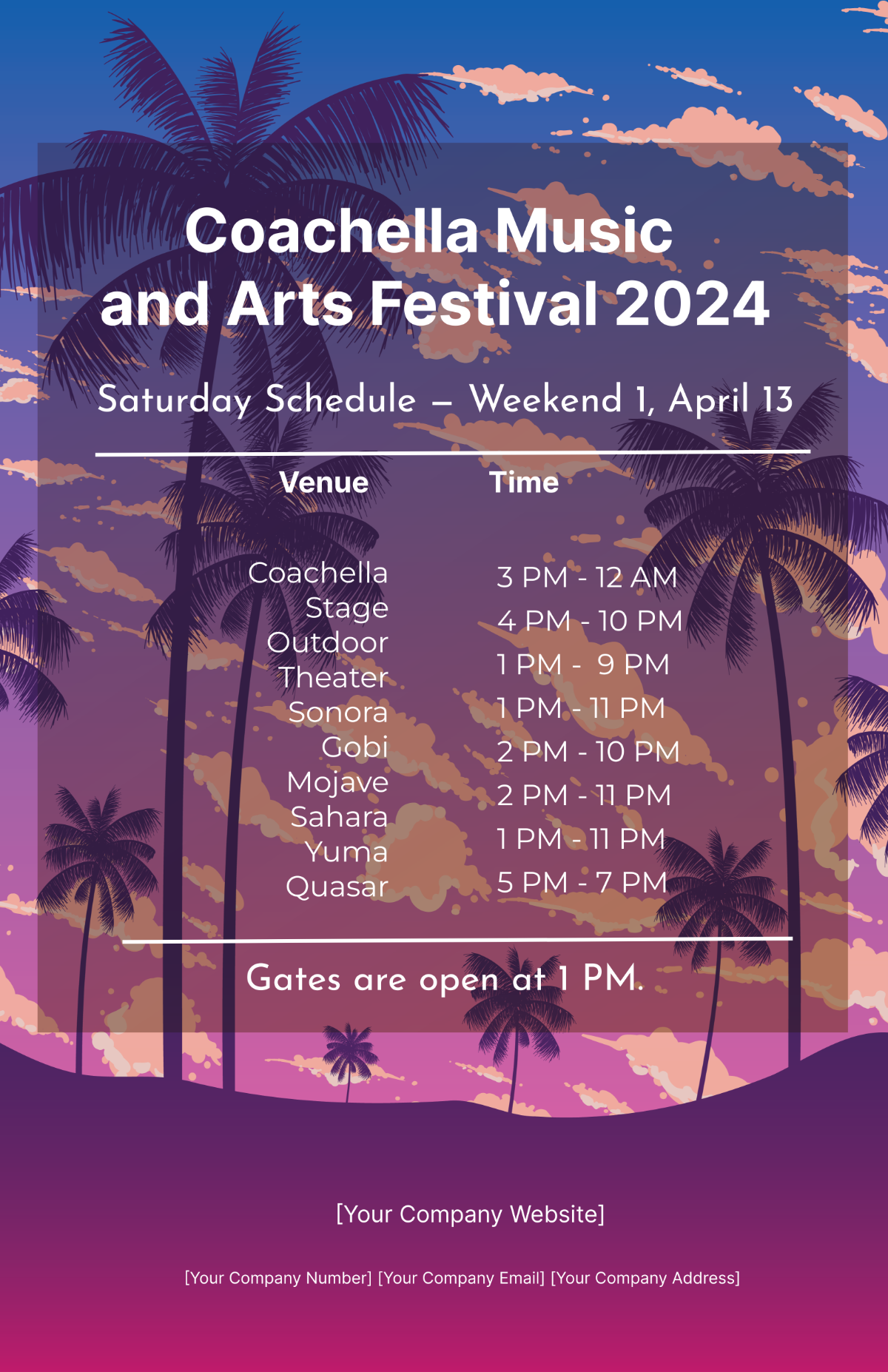 Coachella Saturday Schedule Template