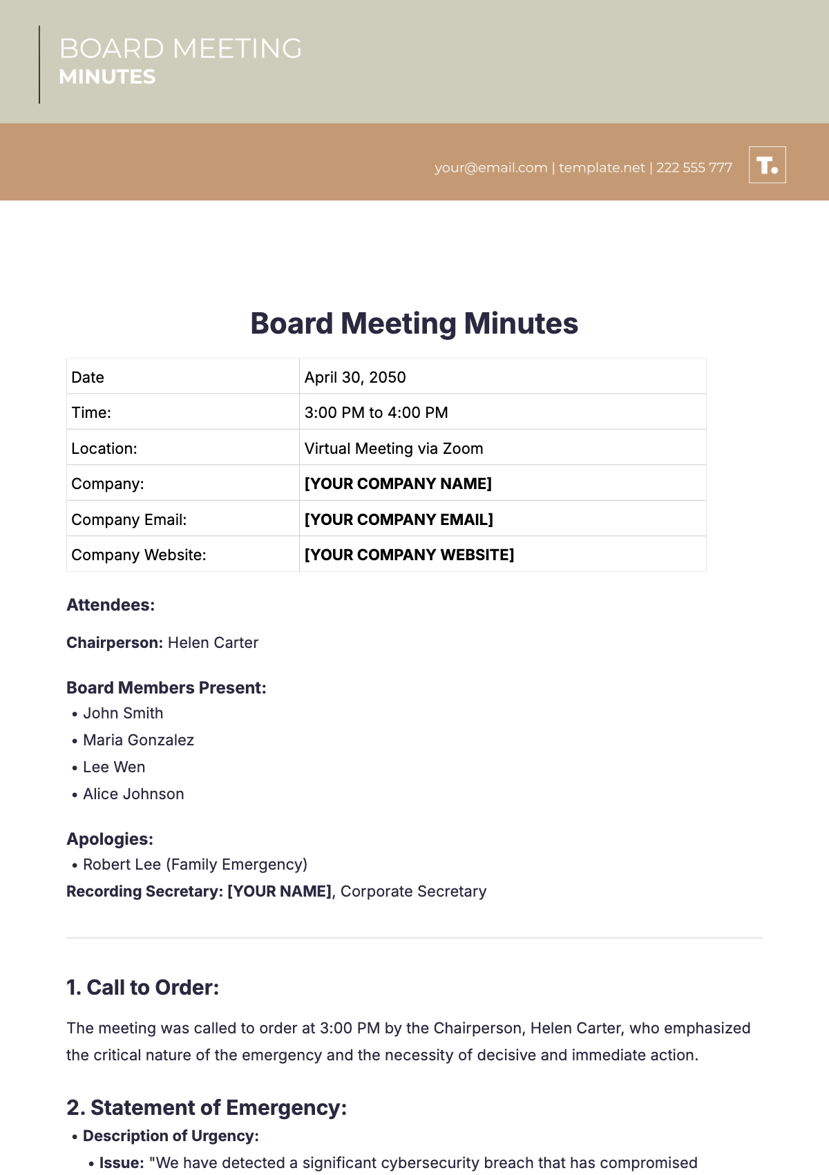 Board Meeting Minutes Outline Template