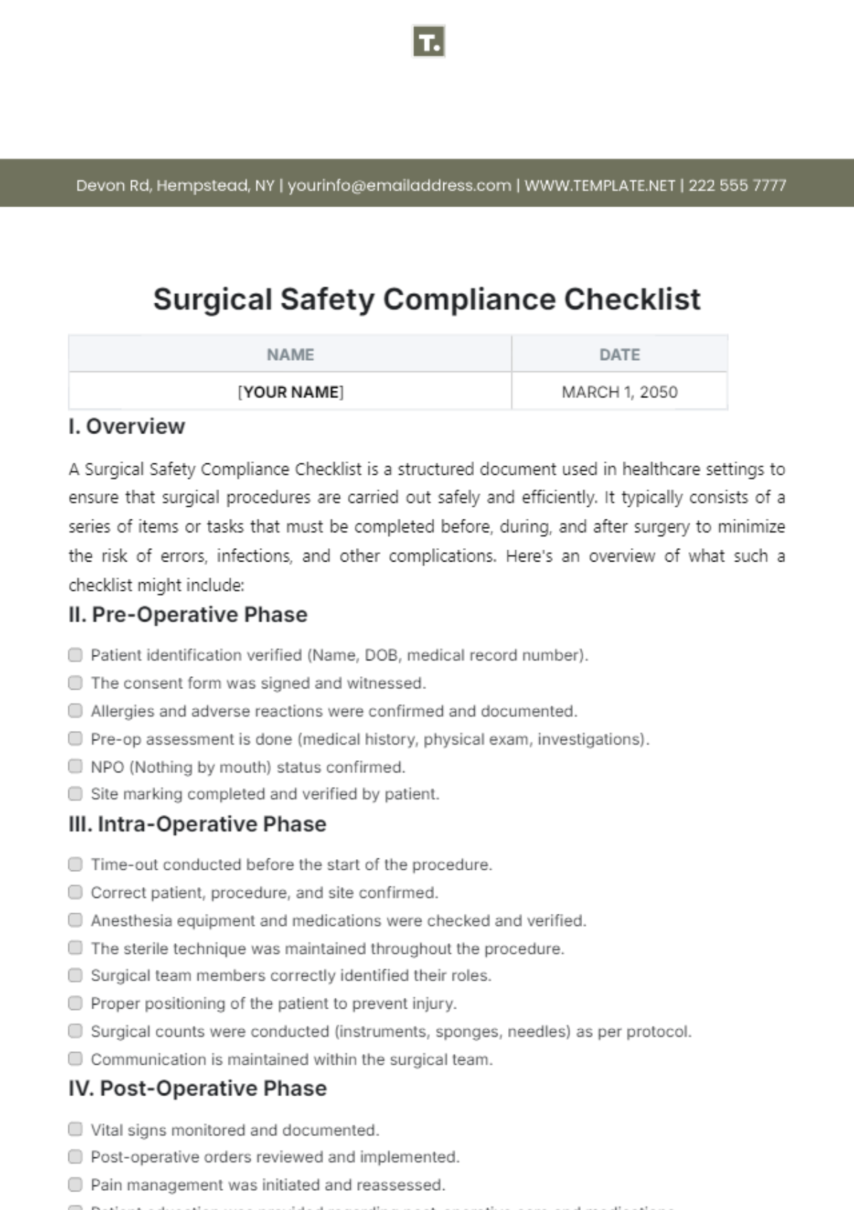 Surgical Safety Compliance Checklist Template - Edit Online & Download