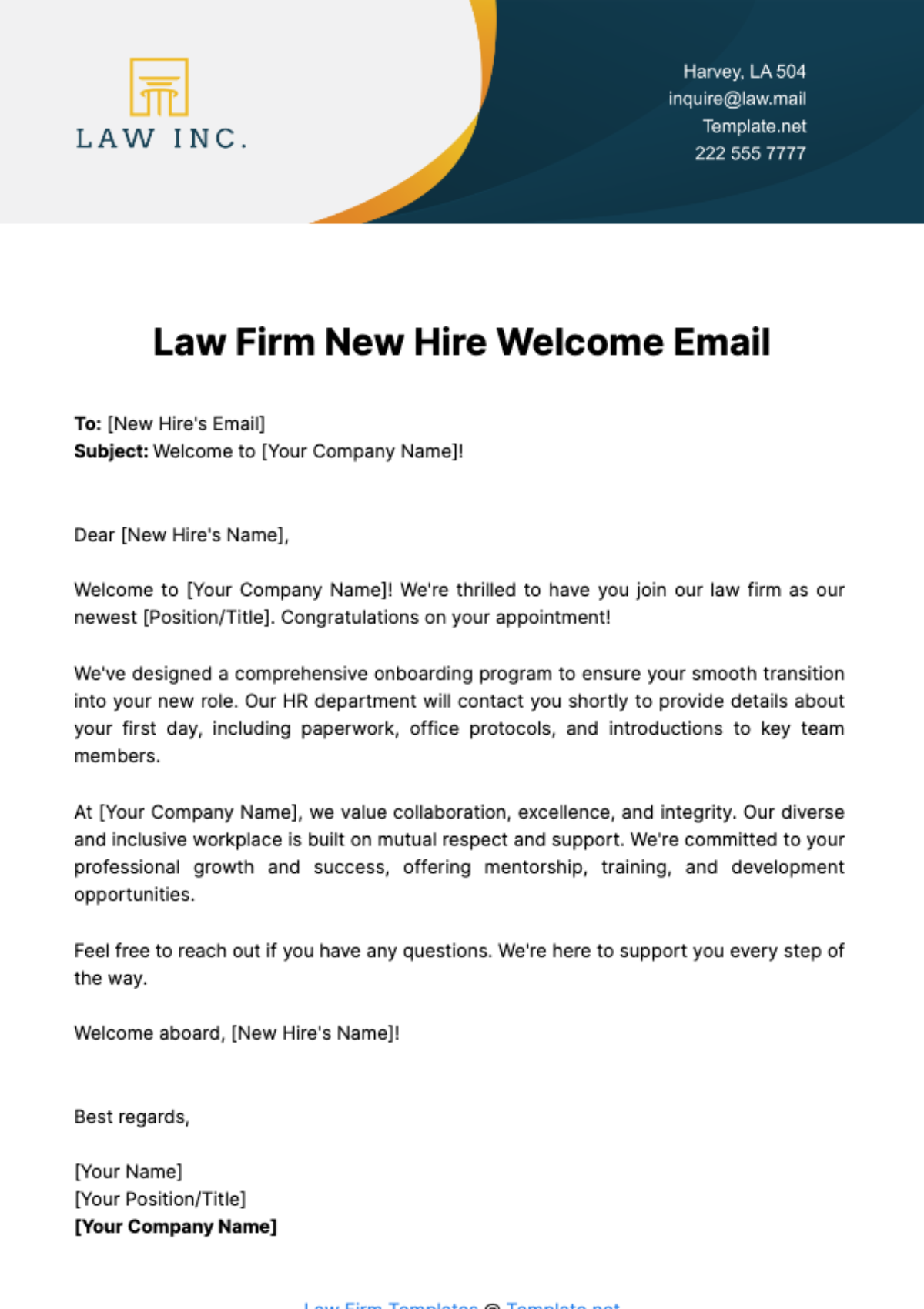Law Firm New Hire Welcome Email Template