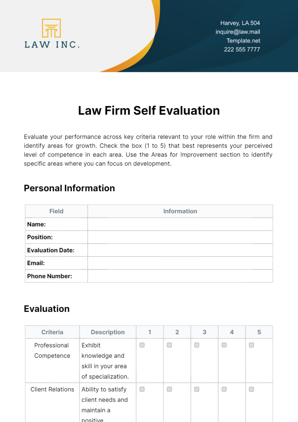 Law Firm Self Evaluation Template