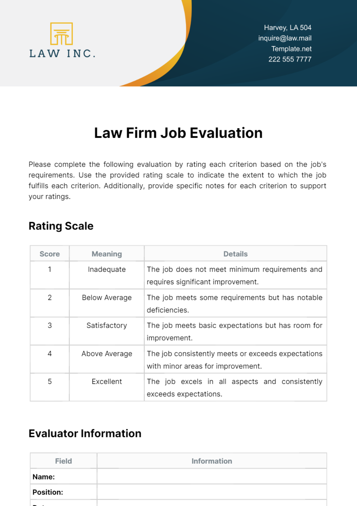 Law Firm Job Evaluation Template