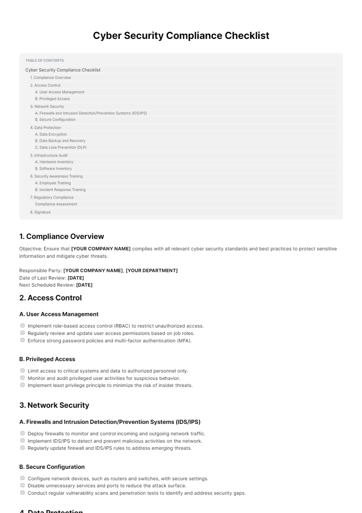 Cyber Security Compliance Checklist Template