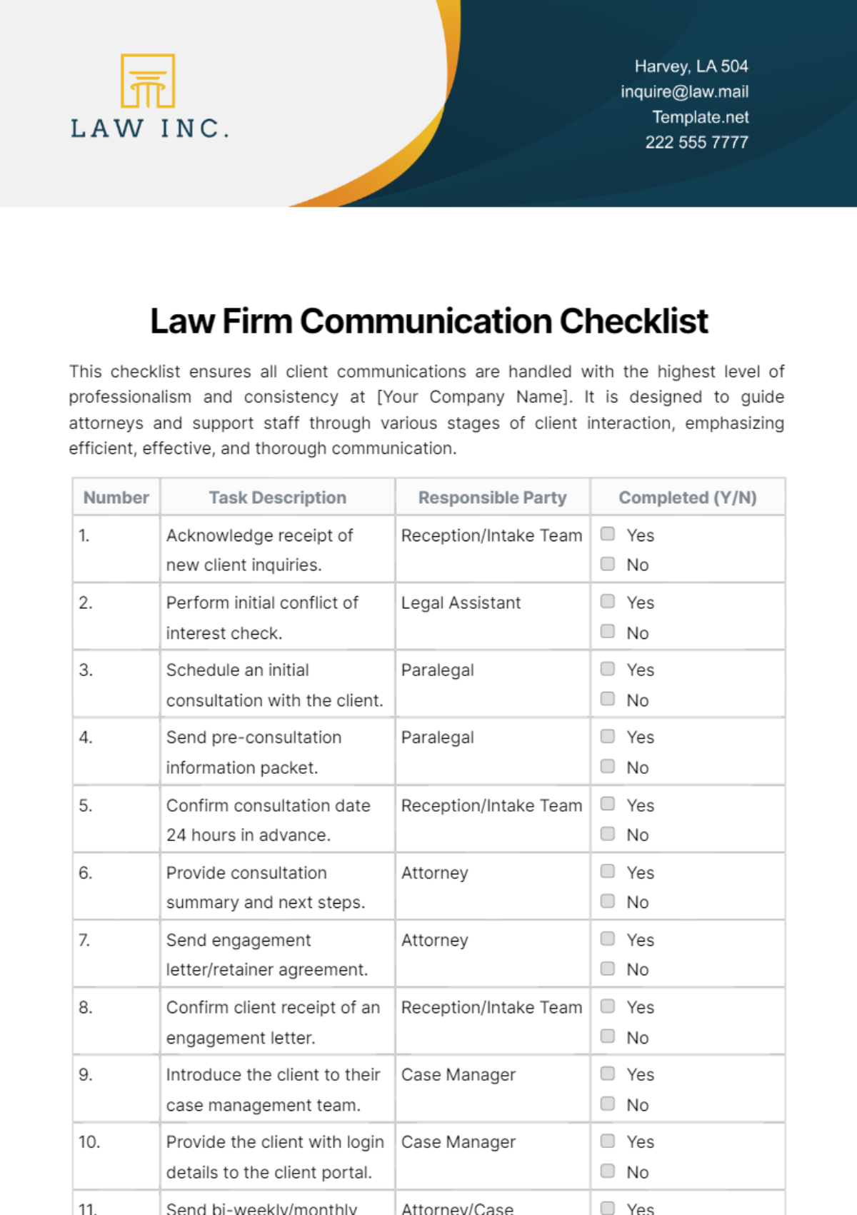 Law Firm Communication Checklist Template