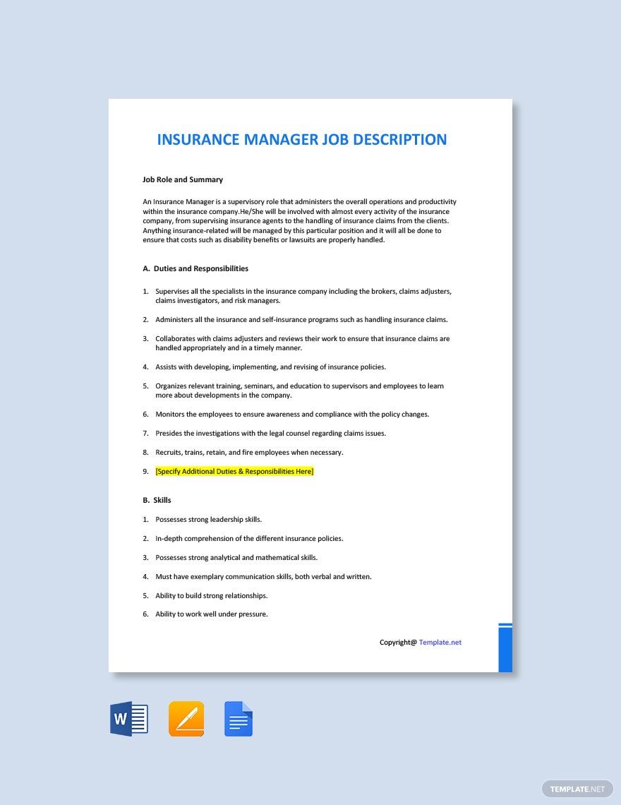 Free Insurance Manager Job Description - Google Docs, Word, Apple Pages