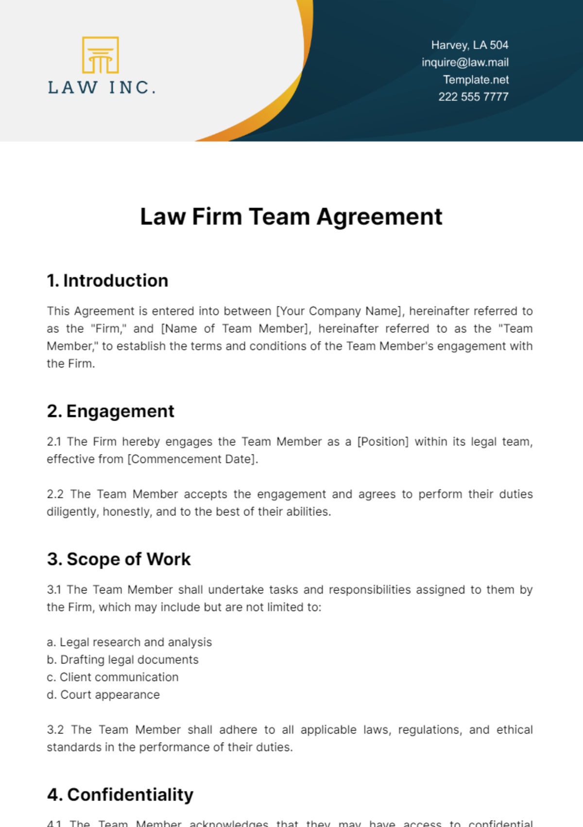 Law Firm Team Agreement Template