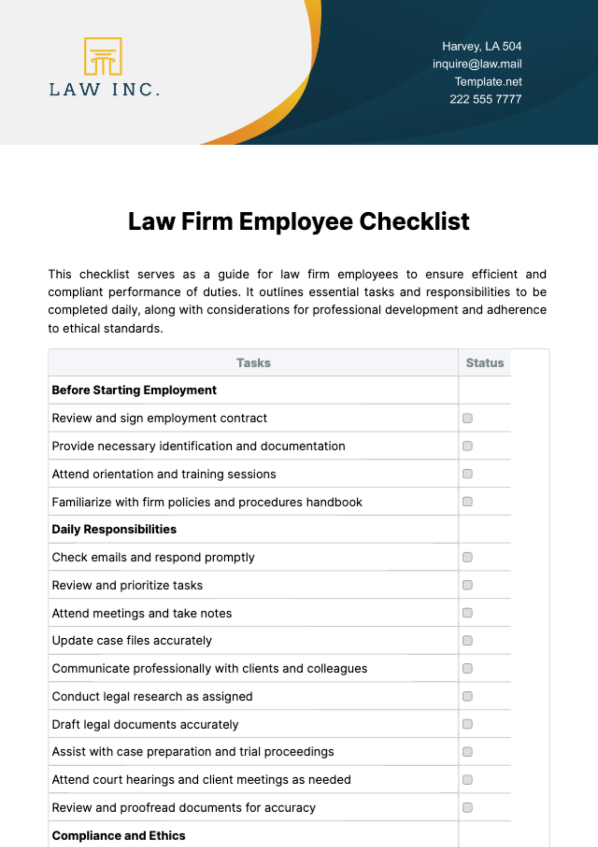 Law Firm Employee Checklist Template - Edit Online & Download