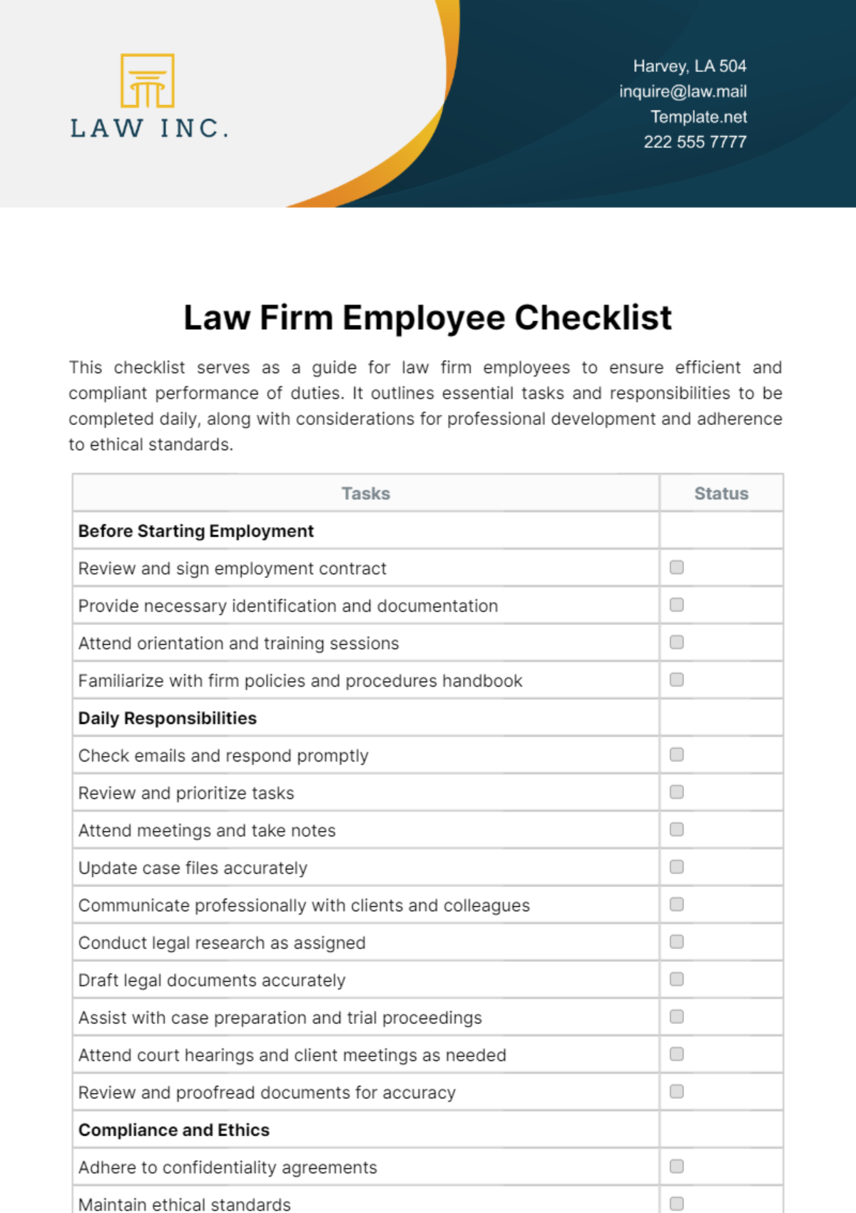 Law Firm Employee Checklist Template
