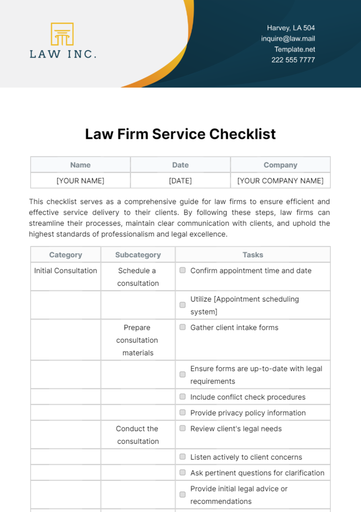 Law Firm Service Checklist Template