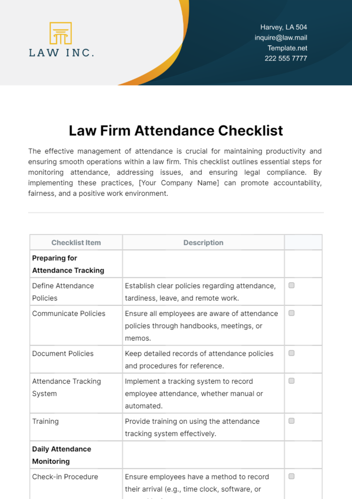 Law Firm Attendance Checklist Template