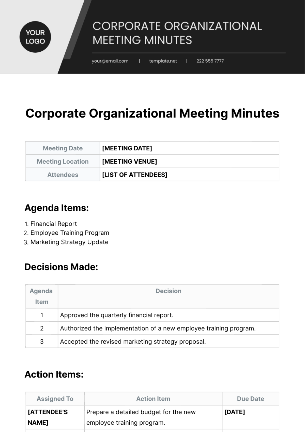 Corporate Organizational Meeting Minutes Template - Edit Online & Download