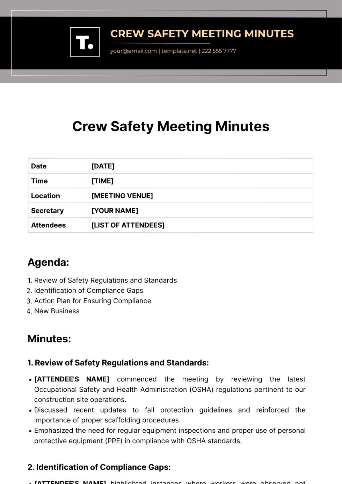 Crew Safety Meeting Minutes Template - Edit Online & Download