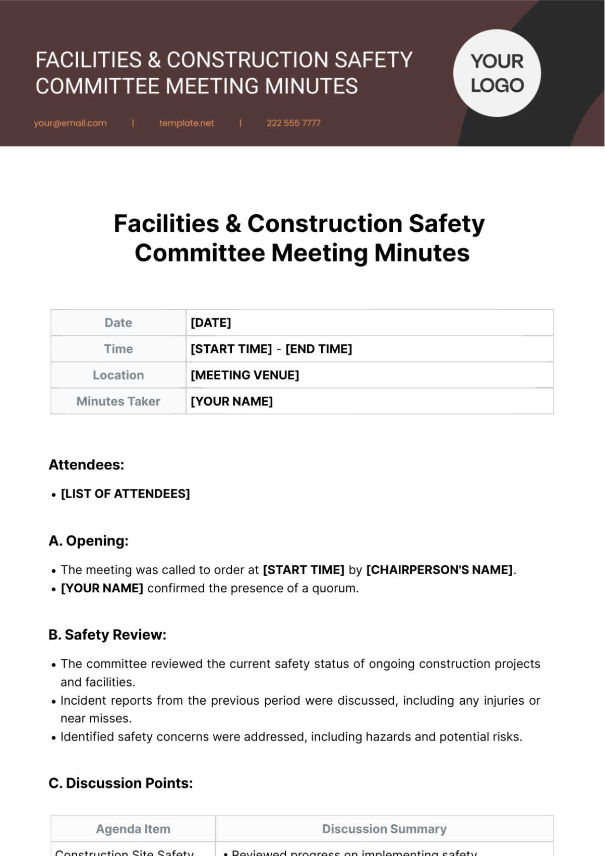 Facilities & Construction Safety Committee Meeting Minutes Template - Edit Online & Download