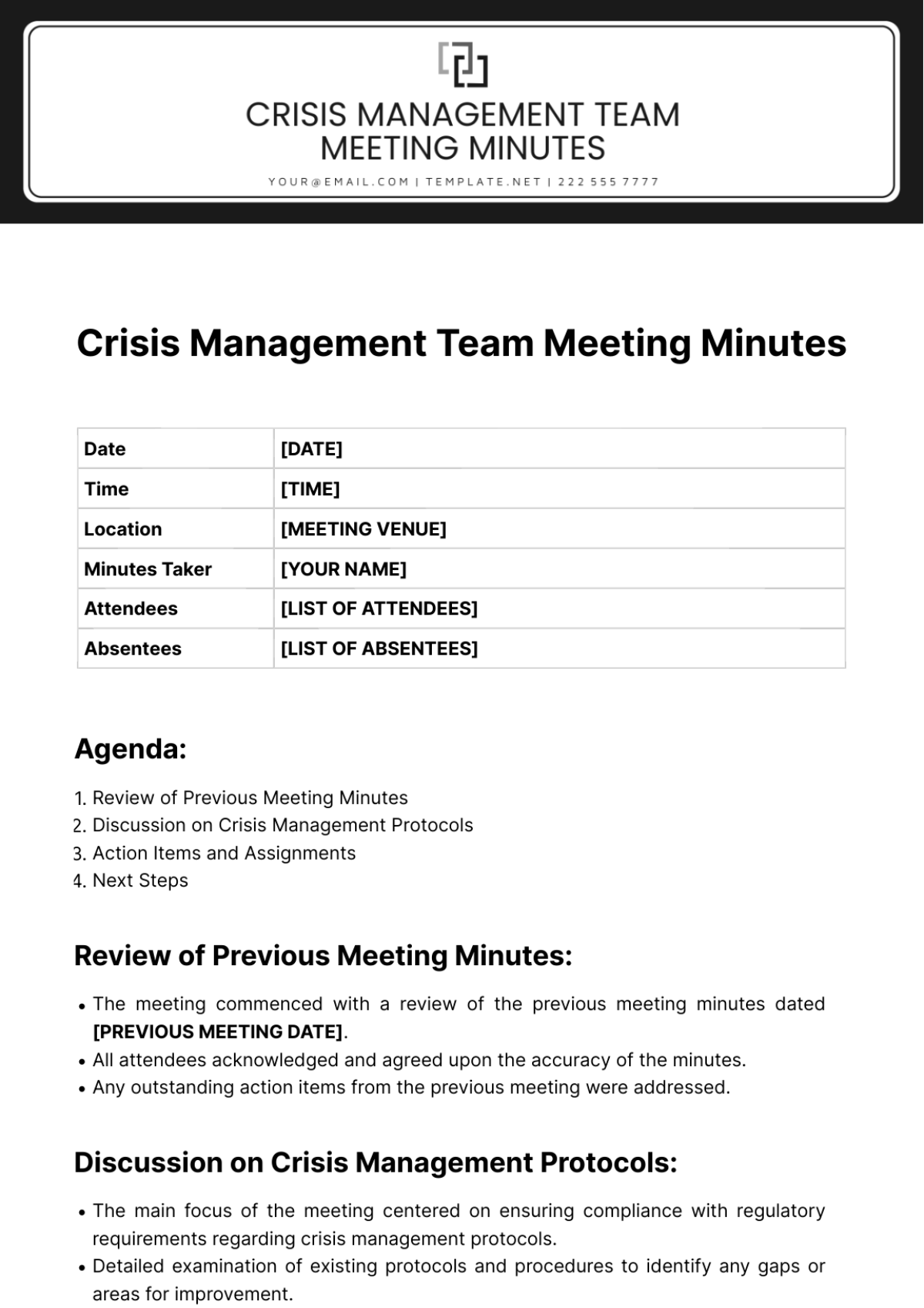 Crisis Management Team Meeting Minutes Template - Edit Online & Download