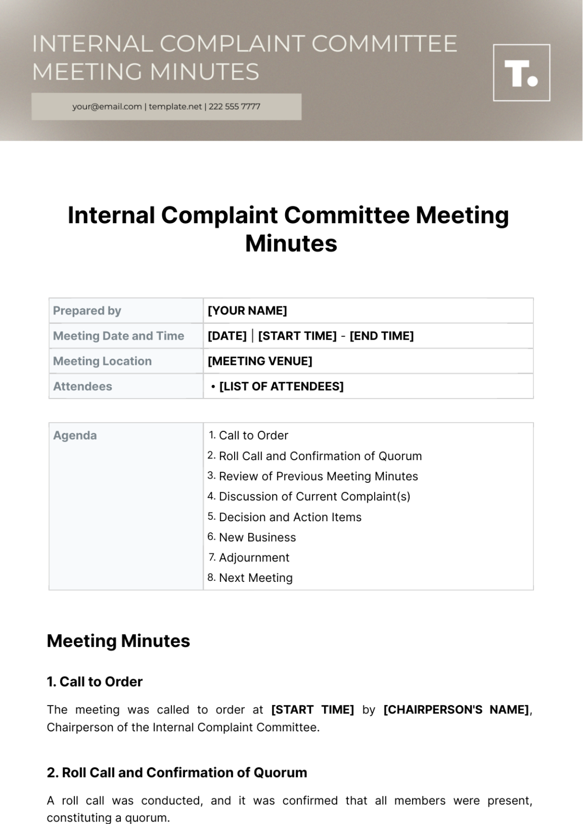 Internal Complaint Committee Meeting Minutes Template - Edit Online & Download