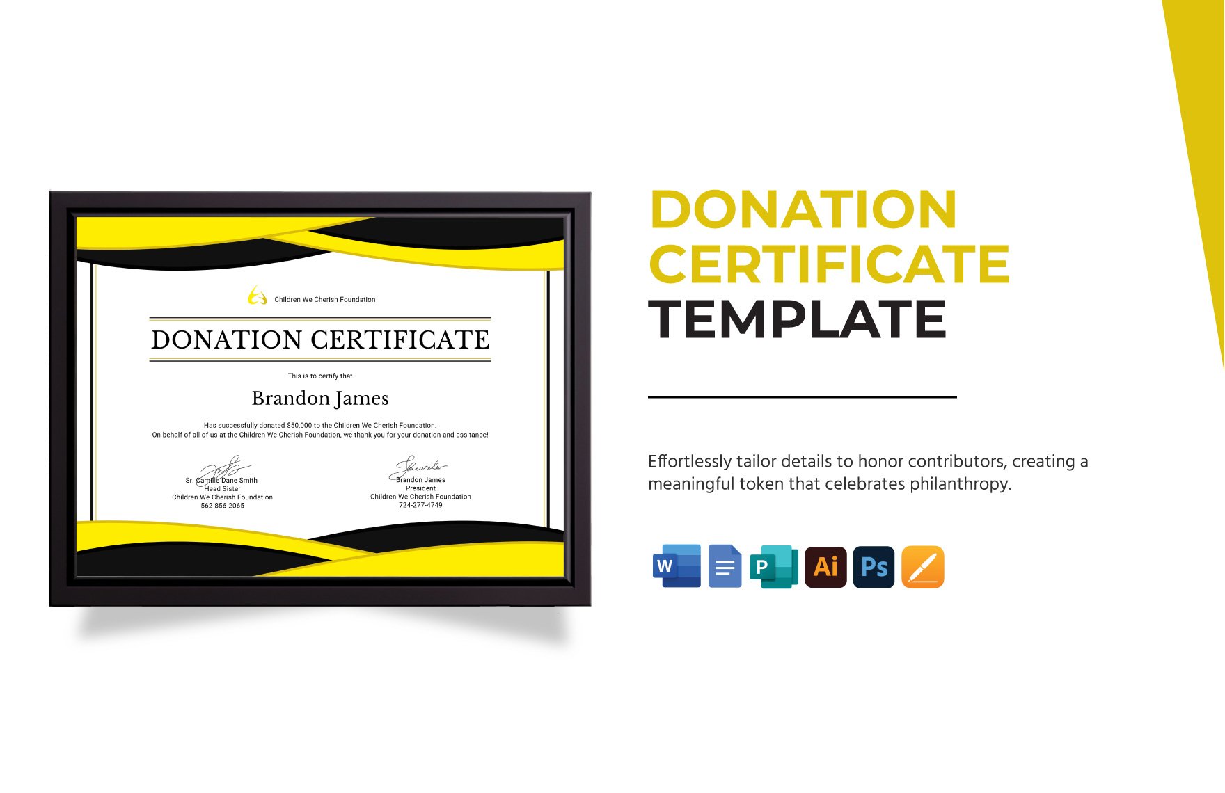 Donation Certificate  in Word, Google Docs, Illustrator, PSD, Apple Pages, Publisher