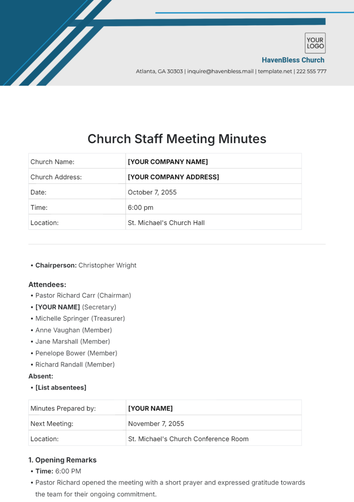 Church Staff Meeting Minutes Template - Edit Online & Download