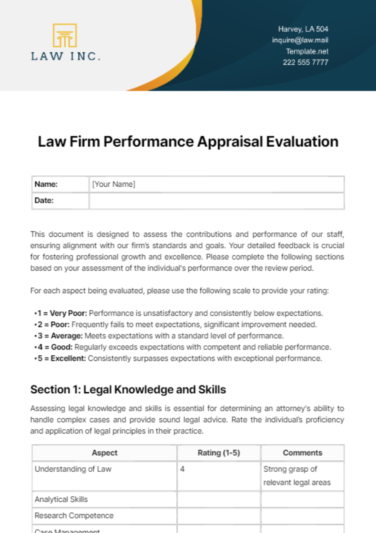 Law Firm Performance Appraisal Evaluation Template