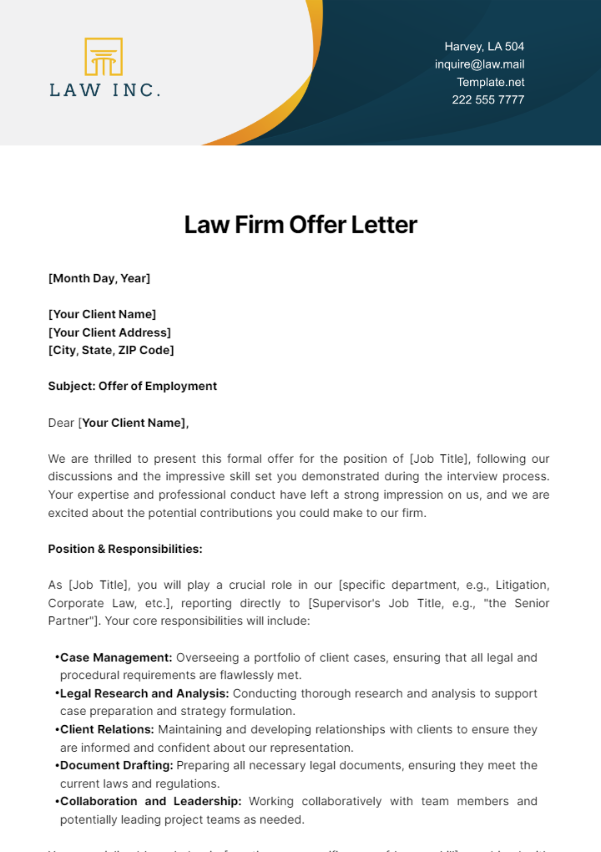 Law Firm Offer Letter Template
