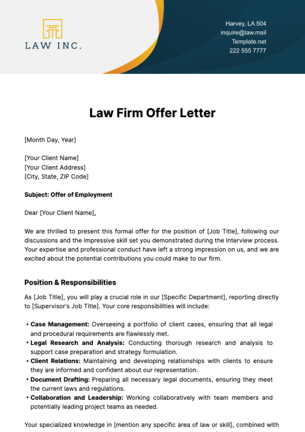 Free Law Firm Offer Letter Template