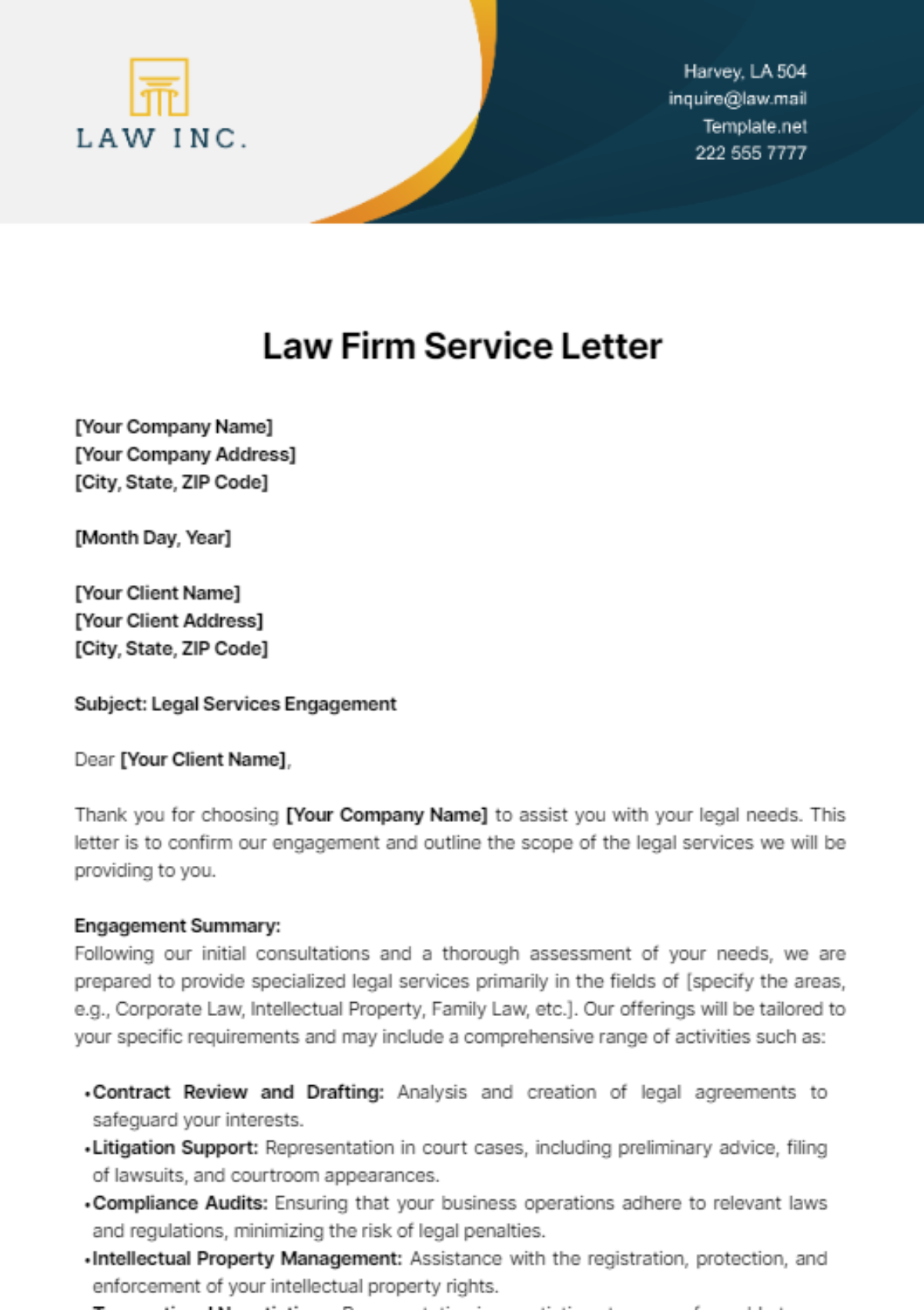 Law Firm Service Letter Template - Edit Online & Download