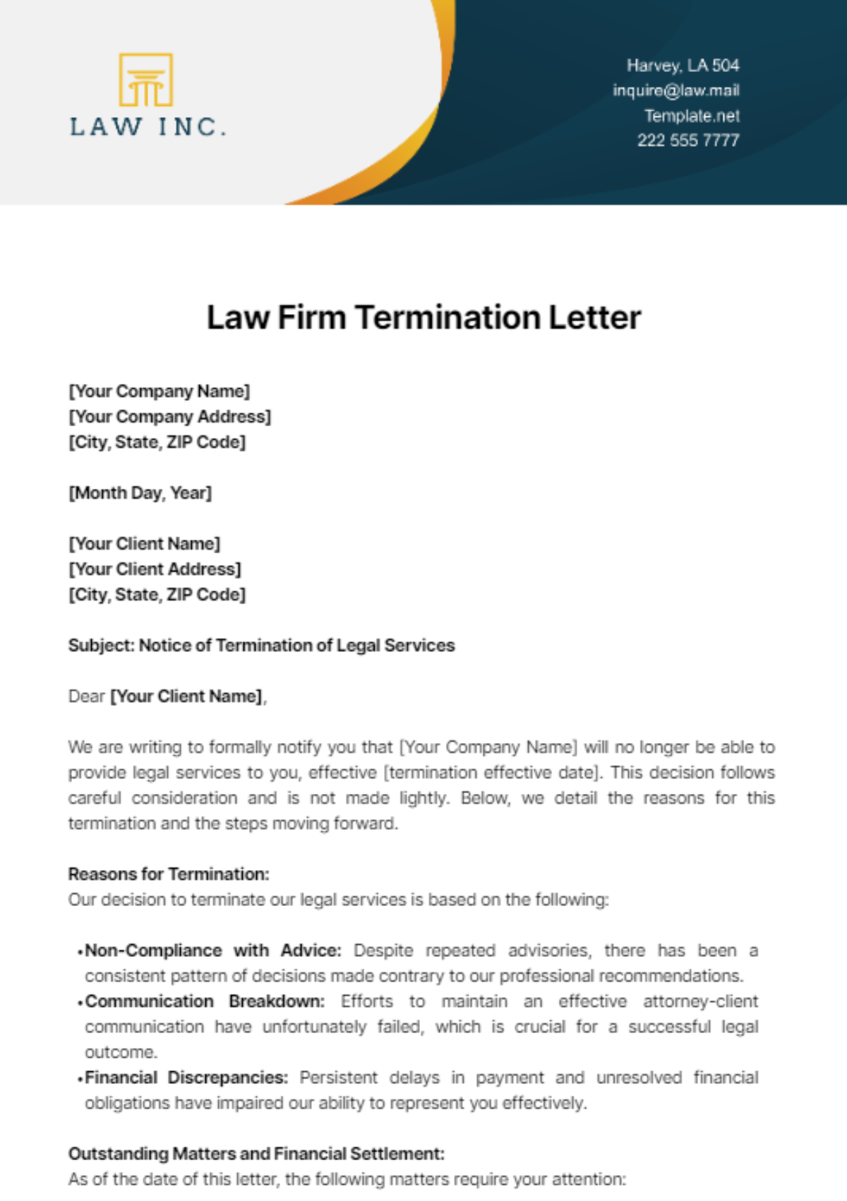 Law Firm Termination Letter Template